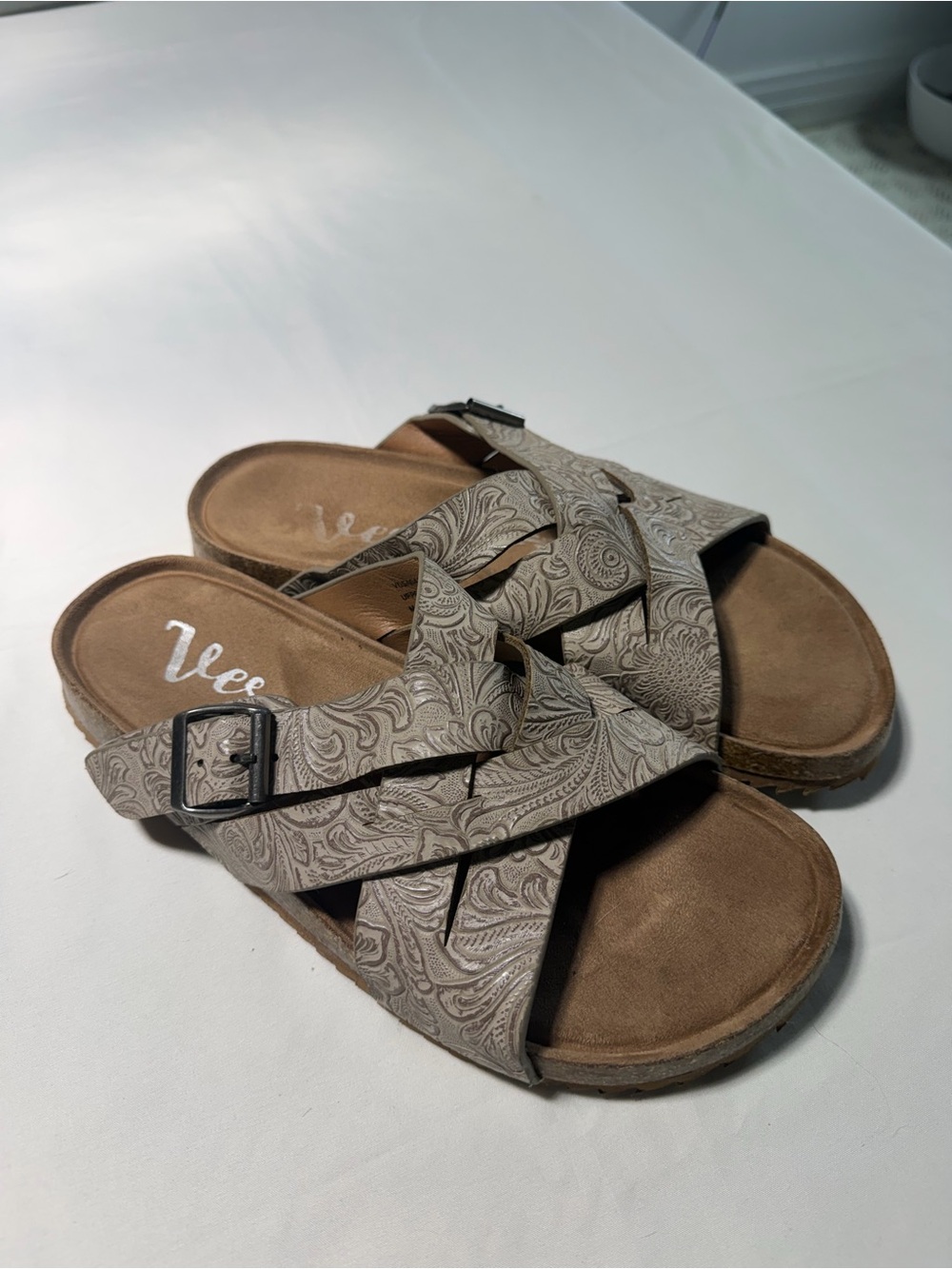 Buckle Taupe Paisley Cross-Band Sandals